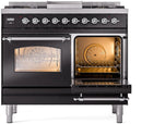 ILVE Nostalgie II 40-Inch Freestanding Natural Gas Dual Fuel Range in Glossy Black with Chrome Trim (UPD40FNMPBKC)