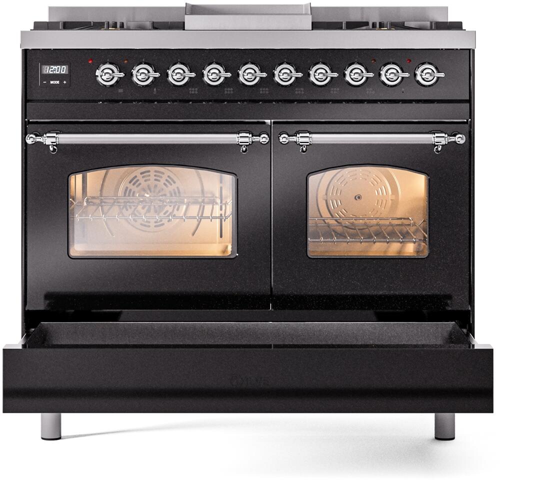 Glossy black dual fuel range with illuminated oven windows and open lower compartment