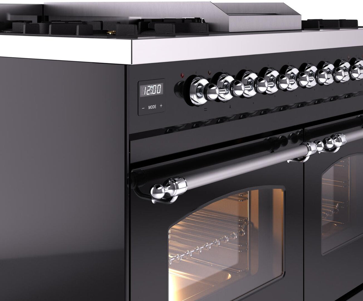 Freestanding dual fuel range control panel with chrome knobs and glossy black finish