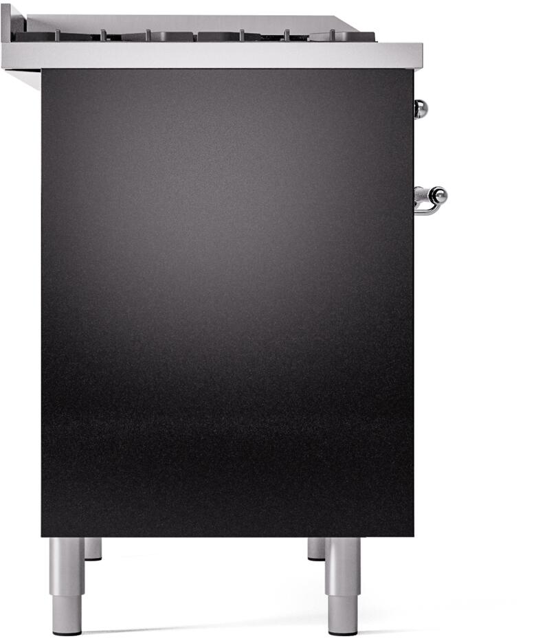 Freestanding dual fuel range side panel with glossy black finish and chrome feet