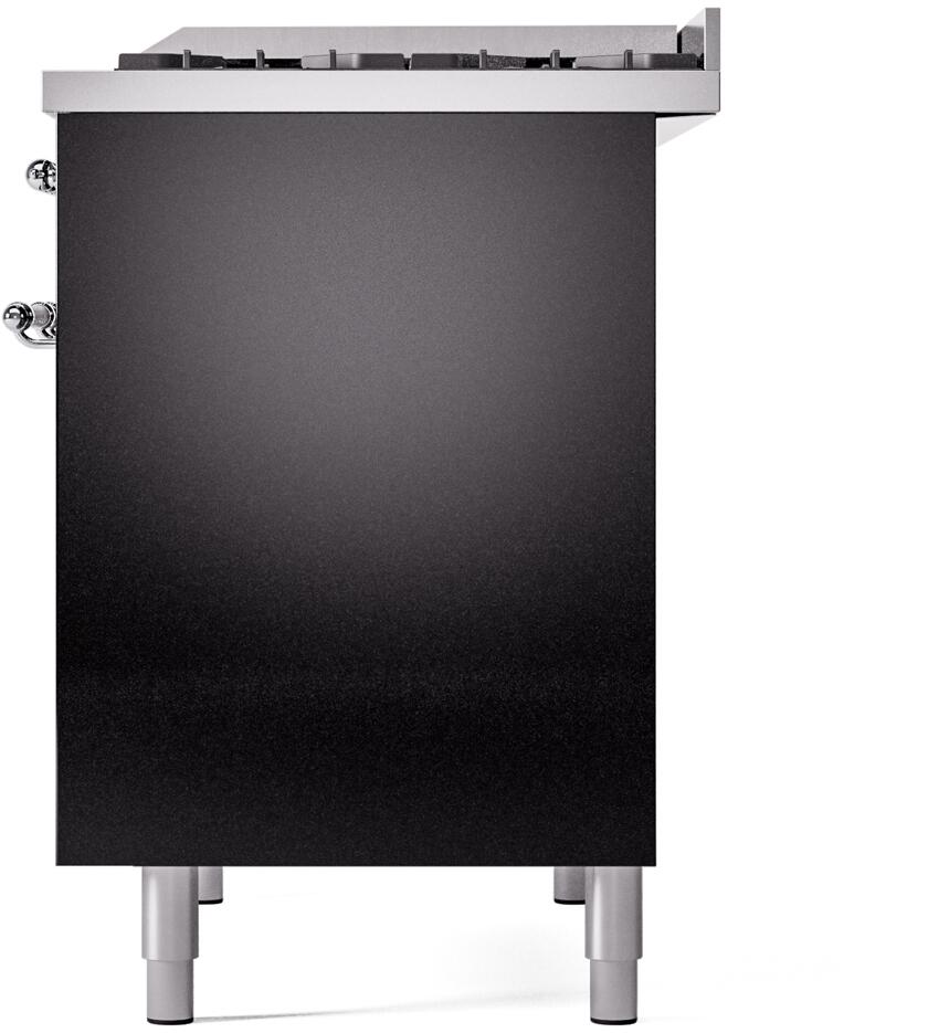 Freestanding dual fuel range rear-side panel with glossy black finish and chrome hardware