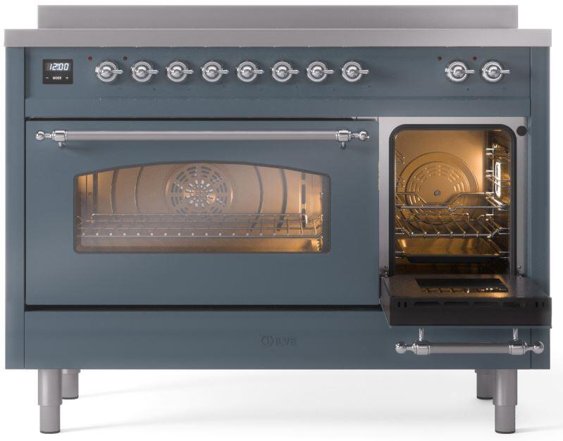 Freestanding induction range with main oven open and side oven door open with racks