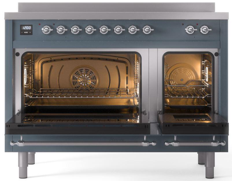 Freestanding induction range with both oven doors open showing racks inside