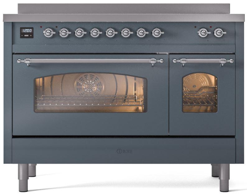 Freestanding induction range with main oven door open and side access oven window