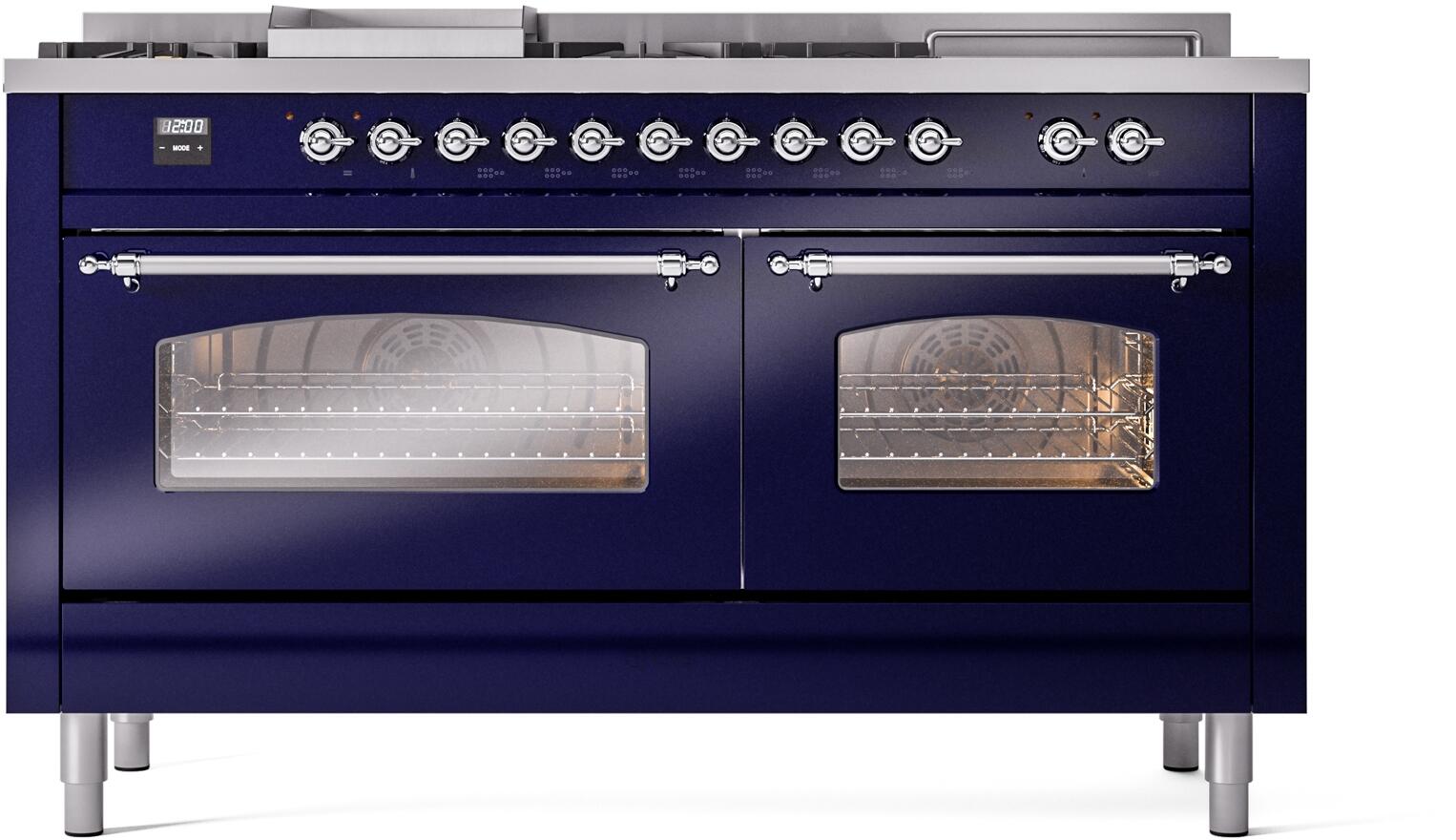 Midnight blue dual fuel range with two oven doors, chrome trim, and control knobs