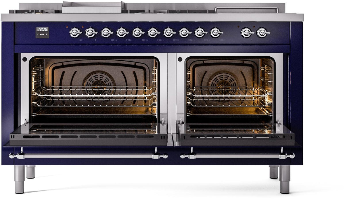 Midnight blue dual fuel range with two open oven doors and visible oven racks