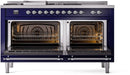 ILVE Nostalgie II 60-Inch Propane Gas Dual Fuel Range with 7 Burners, Griddle, & French Top with Triple Glass Door Oven in Midnight Blue with Chrome Trim (UP60FSNMPMBCLP)