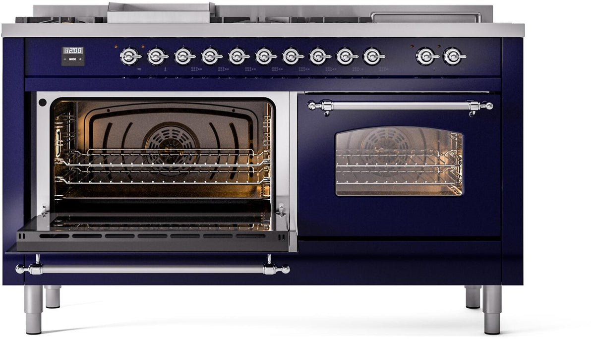 Midnight blue dual fuel range with one open oven door and second door window