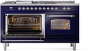ILVE Nostalgie II 60-Inch Propane Gas Dual Fuel Range with 7 Burners, Griddle, & French Top with Triple Glass Door Oven in Midnight Blue with Chrome Trim (UP60FSNMPMBCLP)