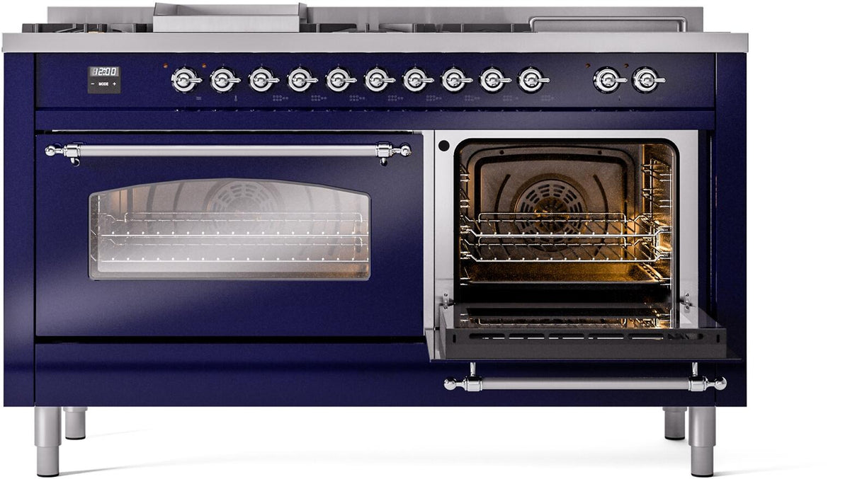 Midnight blue dual fuel range with open left oven door and right oven door window