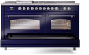 ILVE Nostalgie II 60-Inch Dual Fuel Range with 7 Burners, Griddle, & French Top with Triple Glass Door Oven in Midnight Blue with Chrome Trim (UP60FSNMPMBC)