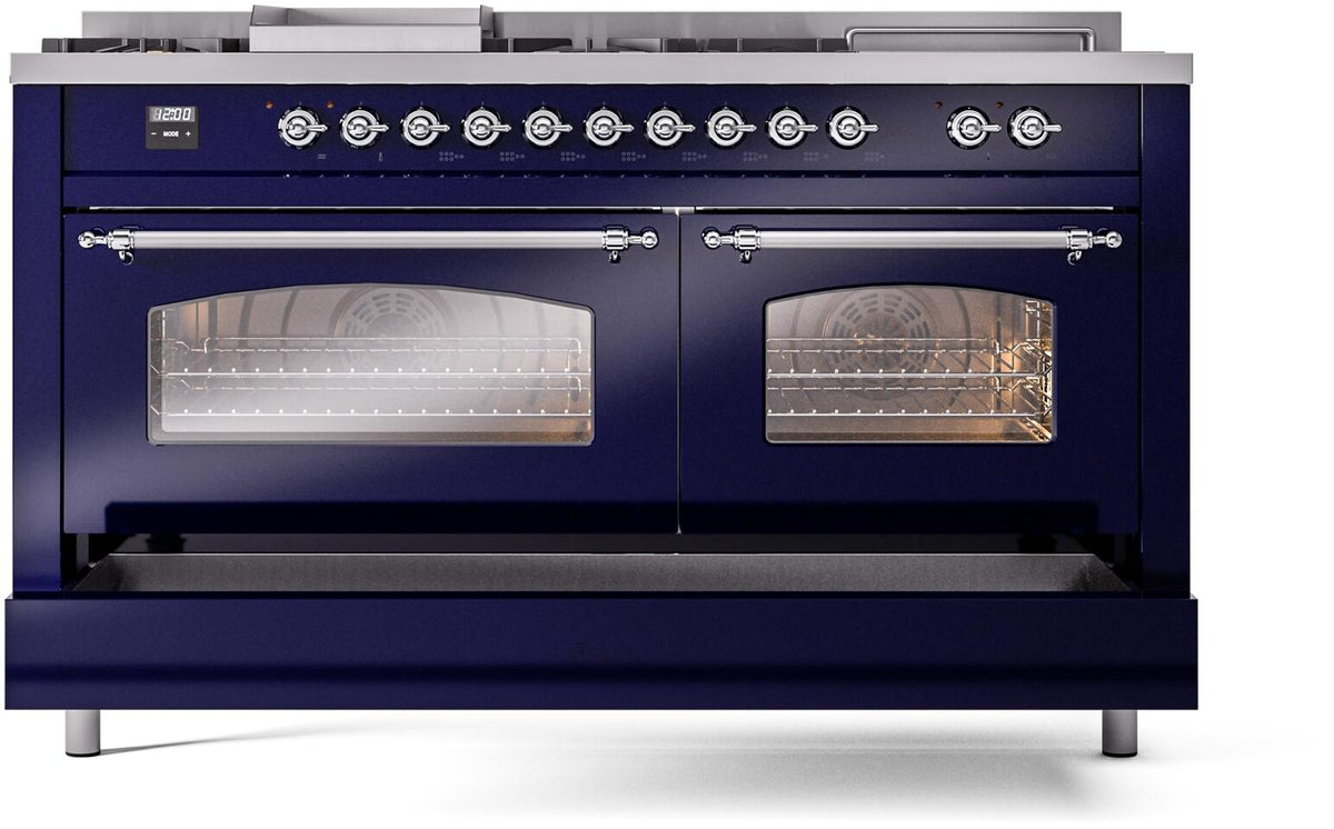 Midnight blue range front with two oven windows and chrome control knobs