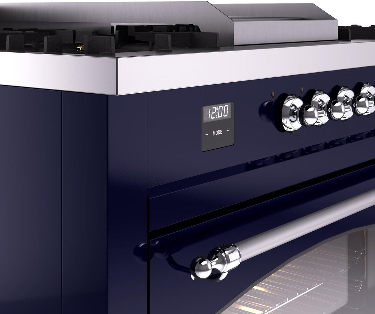 Midnight blue range side control panel with chrome knobs and digital display