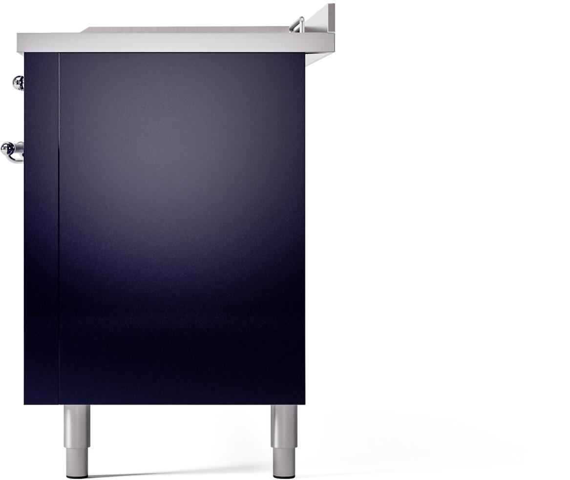 Midnight blue range rear side panel with top vent area and pedestal legs