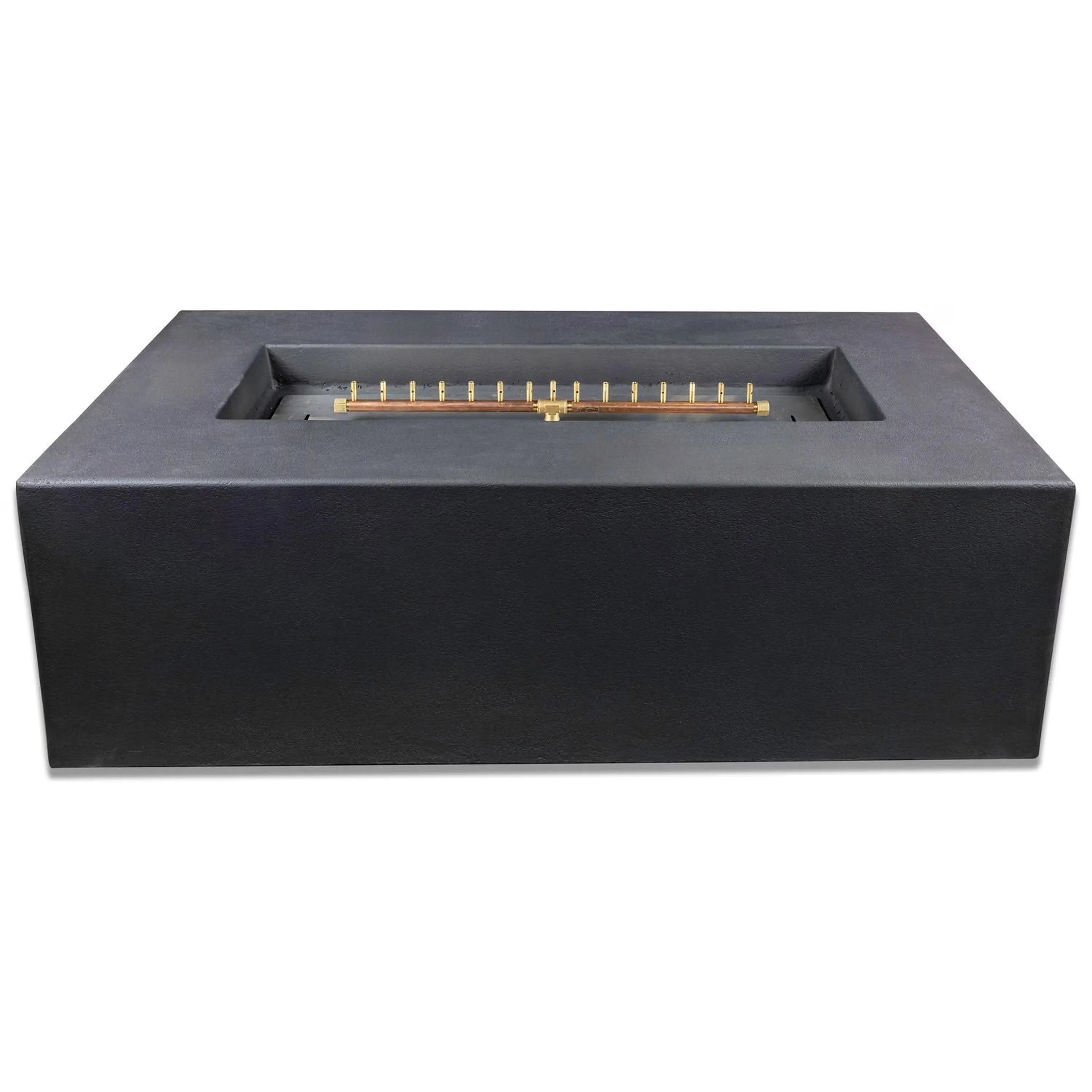 Rectangular dark concrete gas fire pit table with open center burner grate