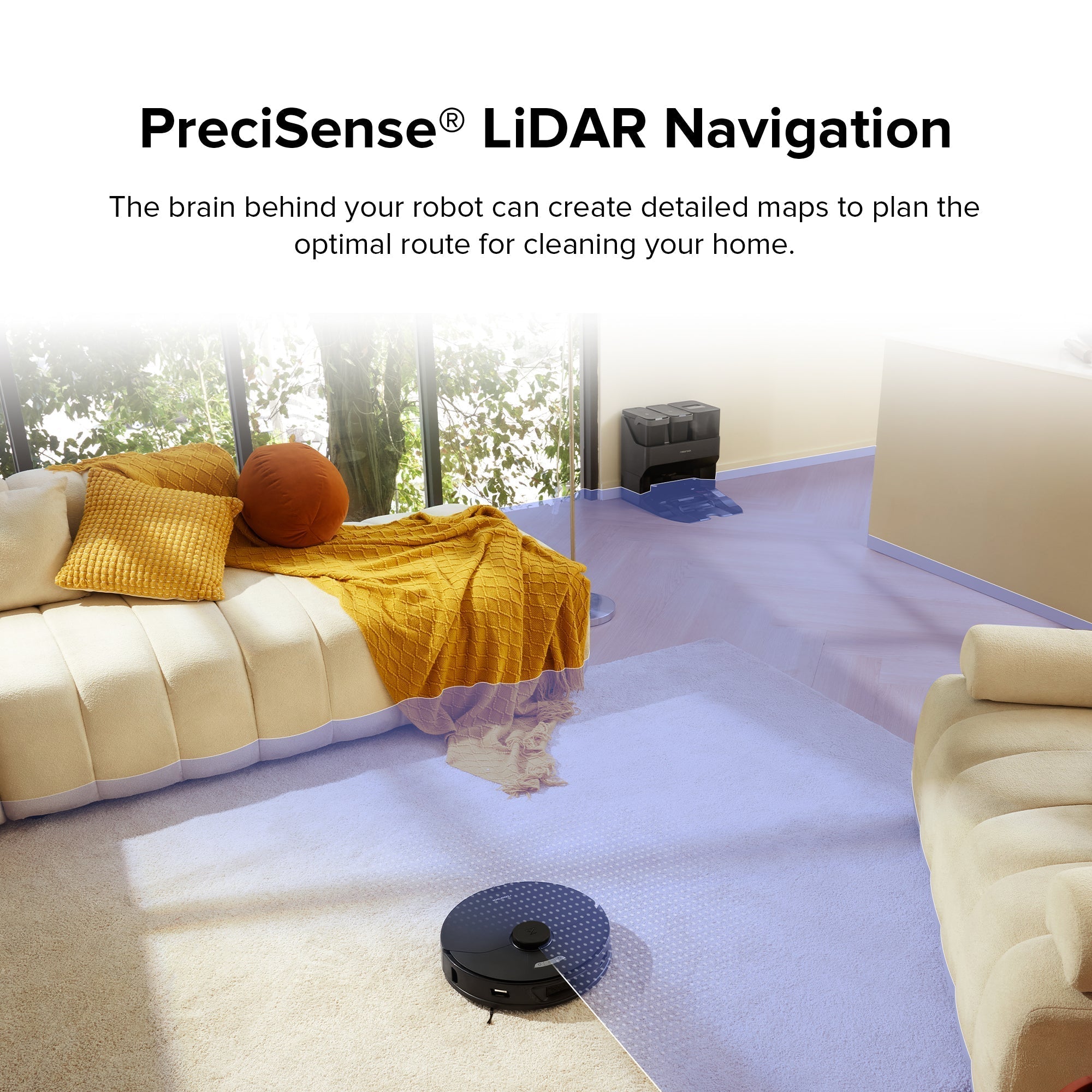 Robot vacuum performing mapping, visible LiDAR sensor on top housing