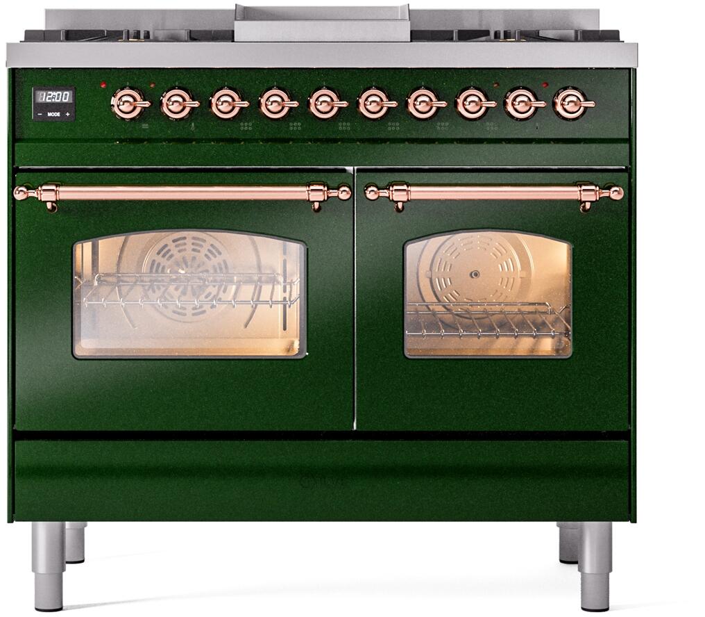 Emerald green dual fuel range with copper trim, twin oven windows, and control knobs.