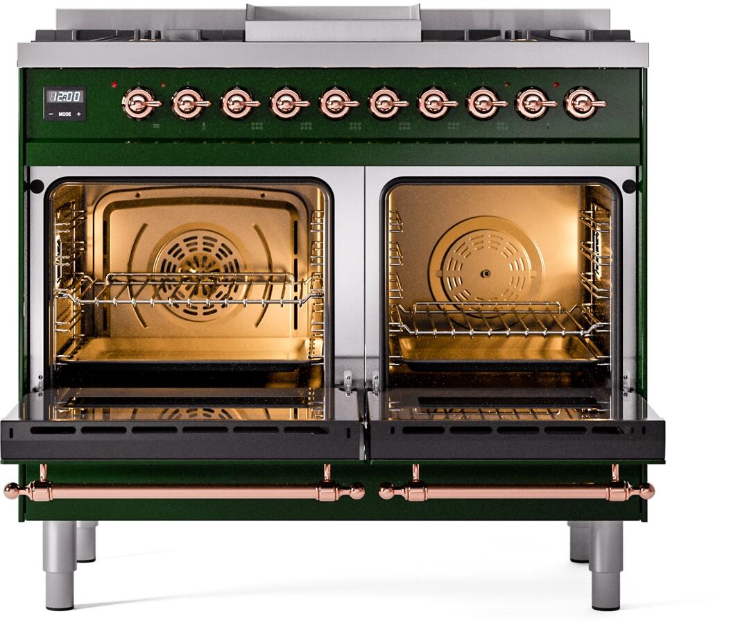 Emerald green dual fuel gas range with both ovens open and visible racks