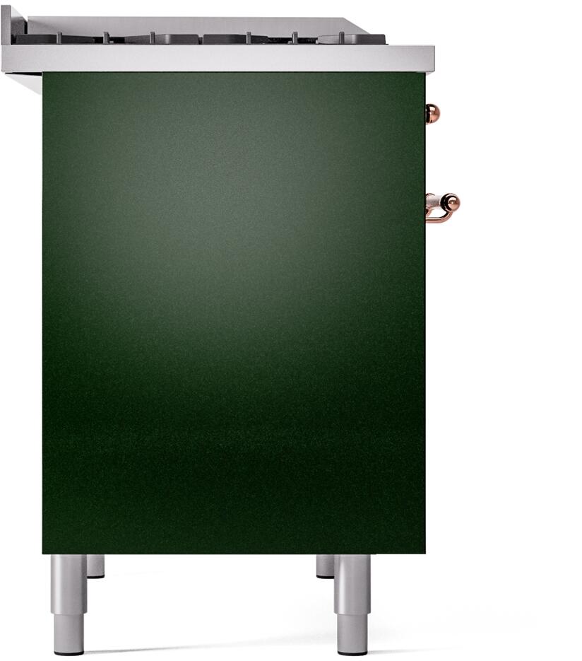 Emerald green side panel of a freestanding dual fuel range with copper trim and legs.