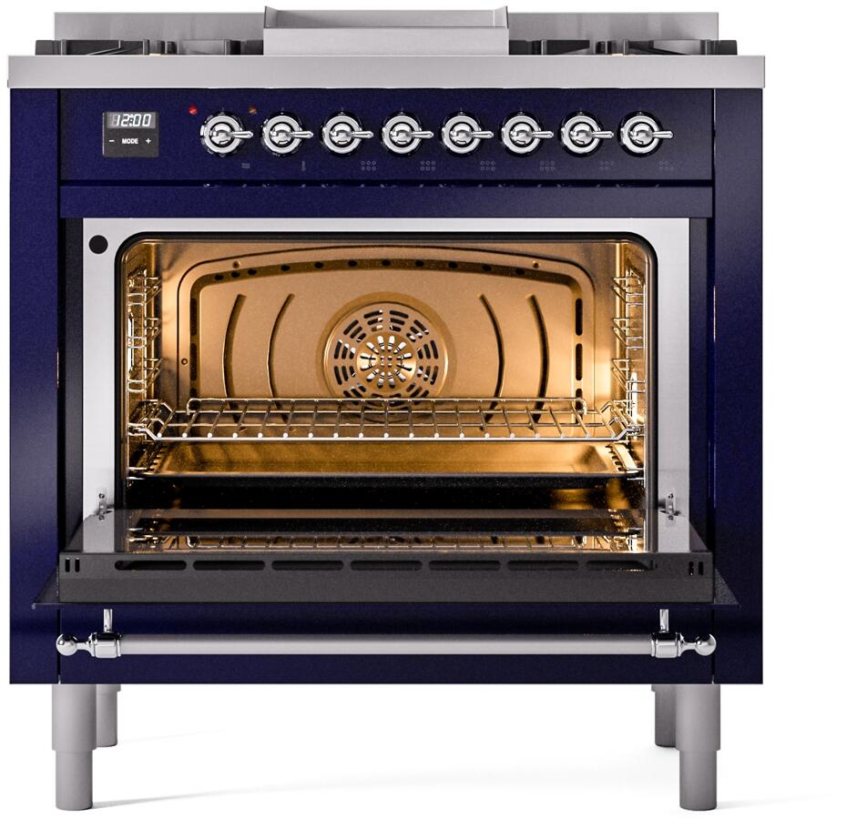 Midnight blue dual fuel freestanding range with open oven door and lit interior rack