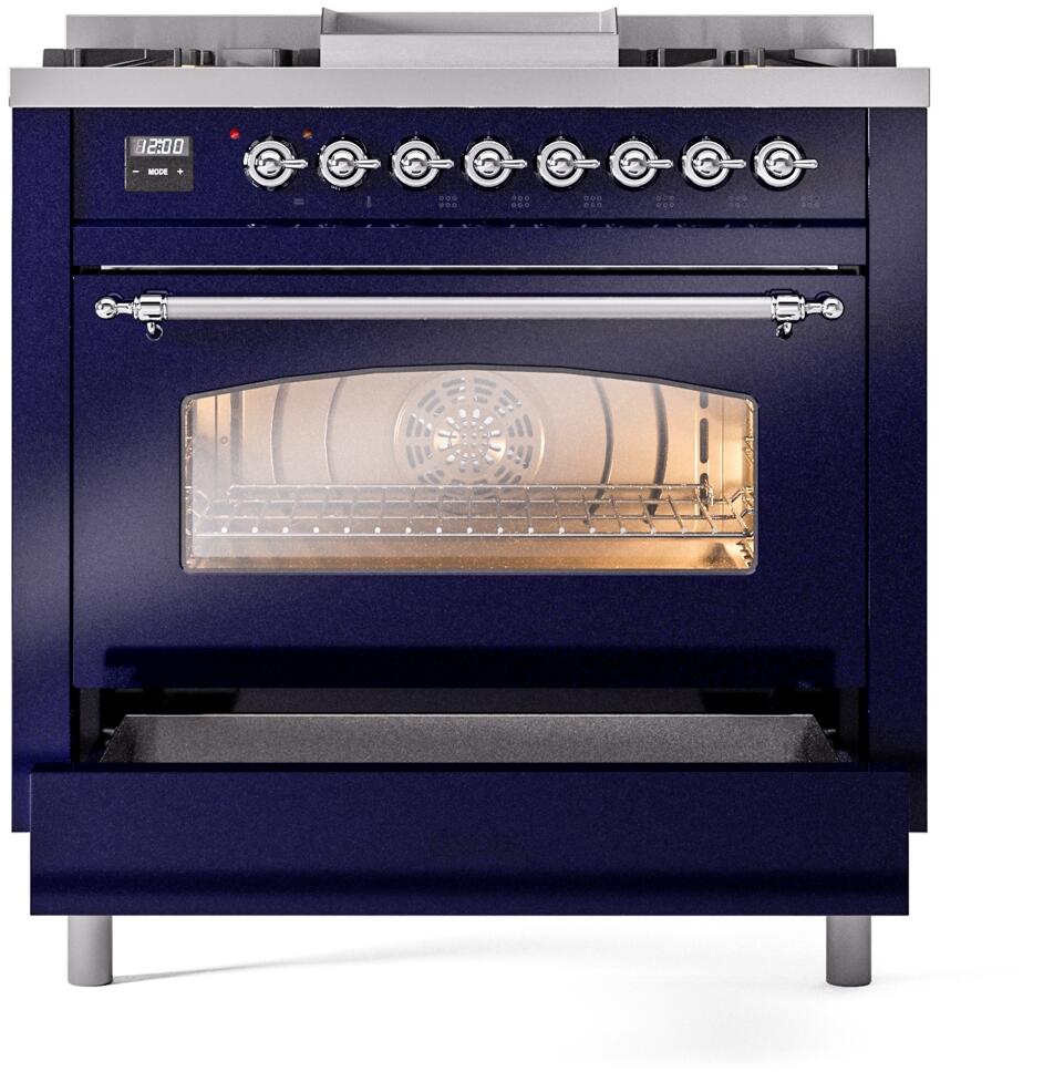 Midnight blue dual fuel freestanding range with open oven door and chrome handle