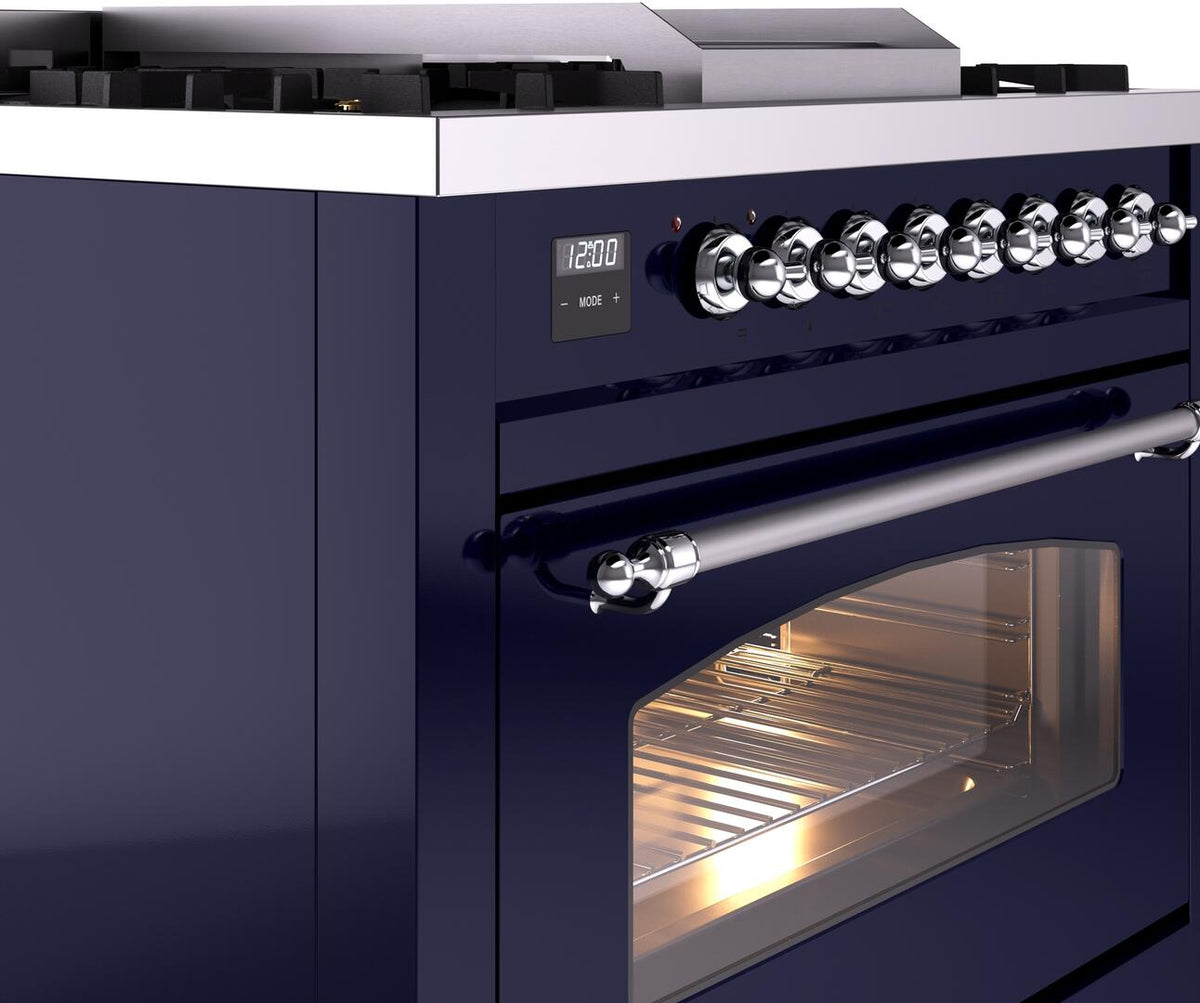 Midnight blue range side view with chrome knob row and oven door window