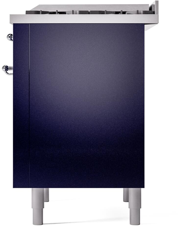 Midnight blue side panel of a freestanding dual fuel range with four leveling feet