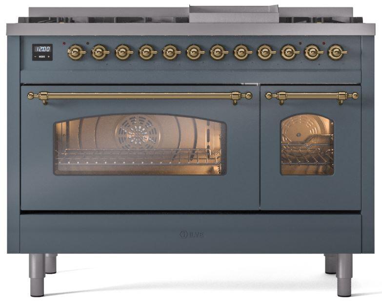 Blue grey freestanding dual fuel range with brass trim; oven doors and handles