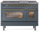 ILVE Nostalgie II 48-Inch Freestanding Natural Gas Dual Fuel Range in Blue Grey with Brass Trim (UP48FNMPBGG)