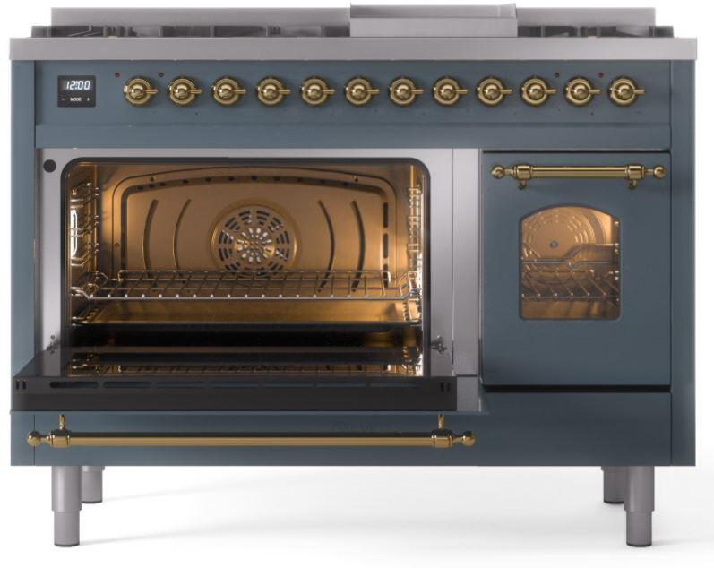 Freestanding dual fuel range with open ovens, brass handles, and blue grey body.