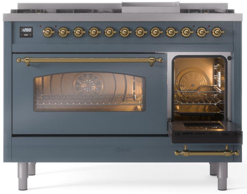 Blue grey range front view with brass controls, oven windows, and open oven door.