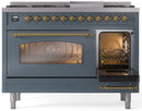ILVE Nostalgie II 48-Inch Freestanding Natural Gas Dual Fuel Range in Blue Grey with Brass Trim (UP48FNMPBGG)