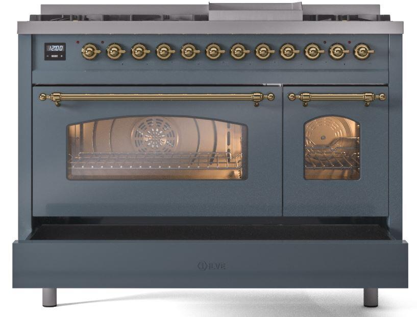 Blue grey freestanding range with brass trim; closed oven windows and control knobs
