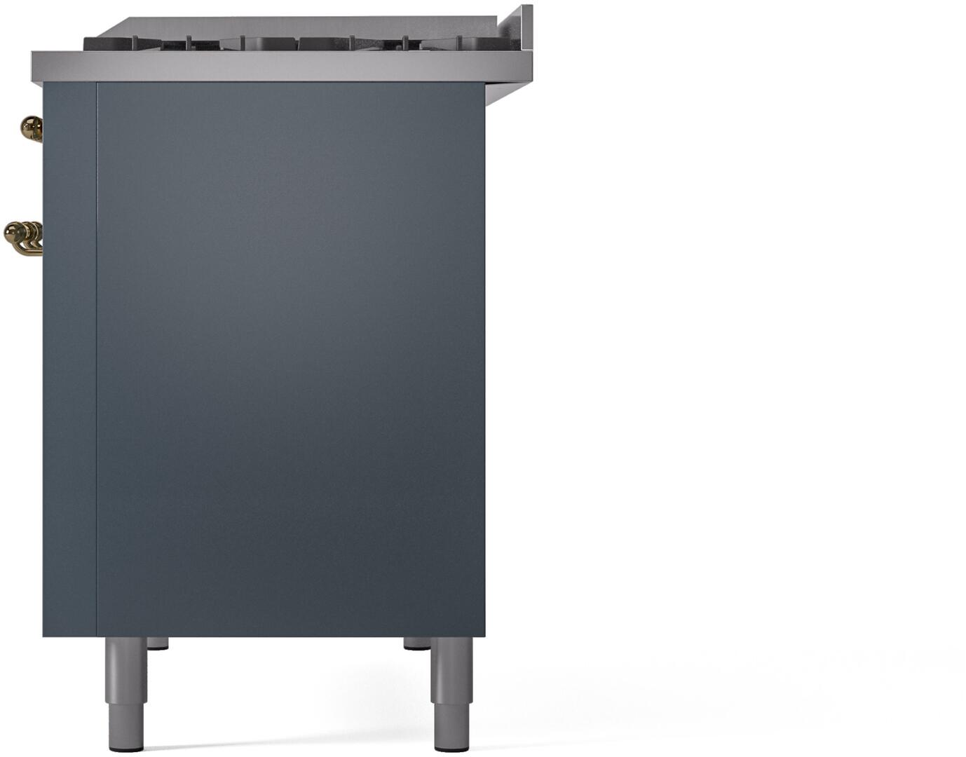 Blue grey freestanding range back corner with brass trim and four leveling legs