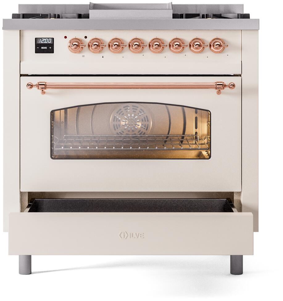 Antique white dual fuel range front with oven door window and front drawer open