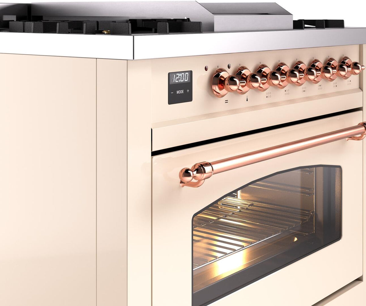 Freestanding range control panel with copper knobs and long copper oven handle