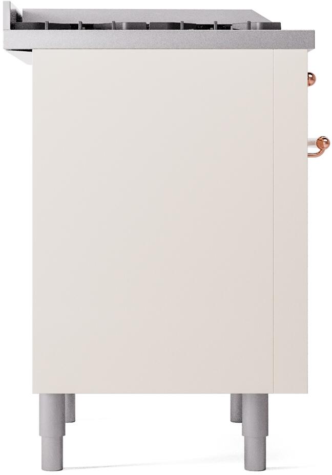 Antique white freestanding range cabinet side panel with gray leveling legs