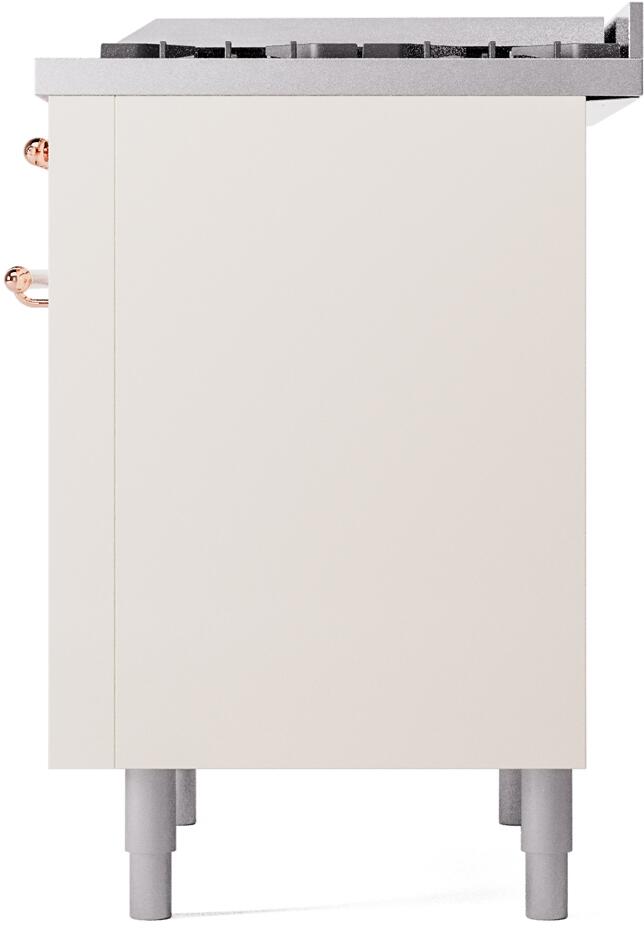 Antique white freestanding range cabinet side panel with exposed copper trim knob