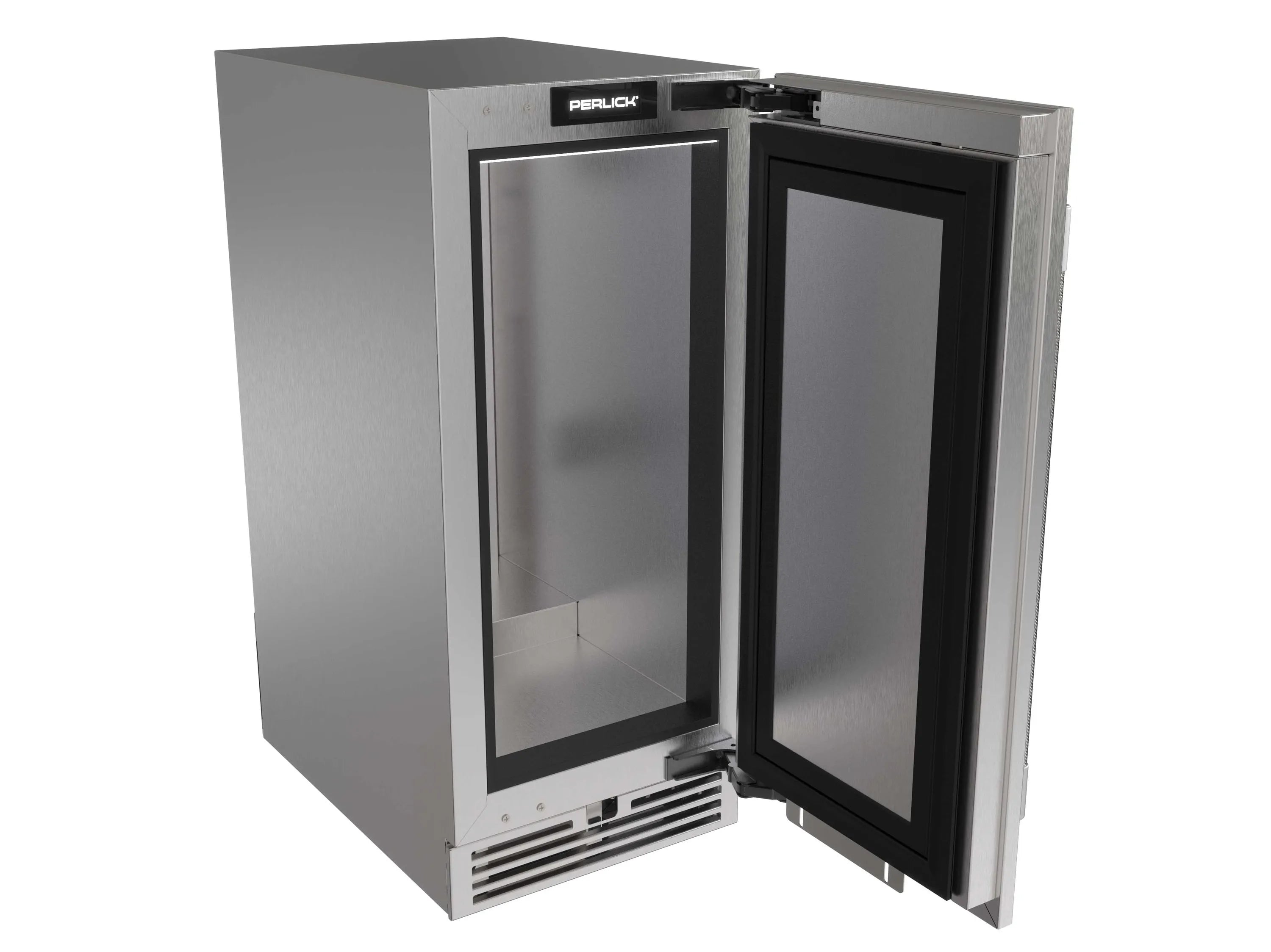 Perlick undercounter beverage dispenser with open stainless door and visible interior cabinet