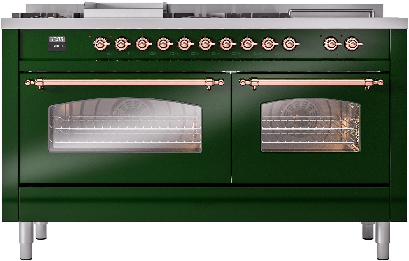 Emerald green dual fuel range with copper-trimmed control knobs and two oven glass doors