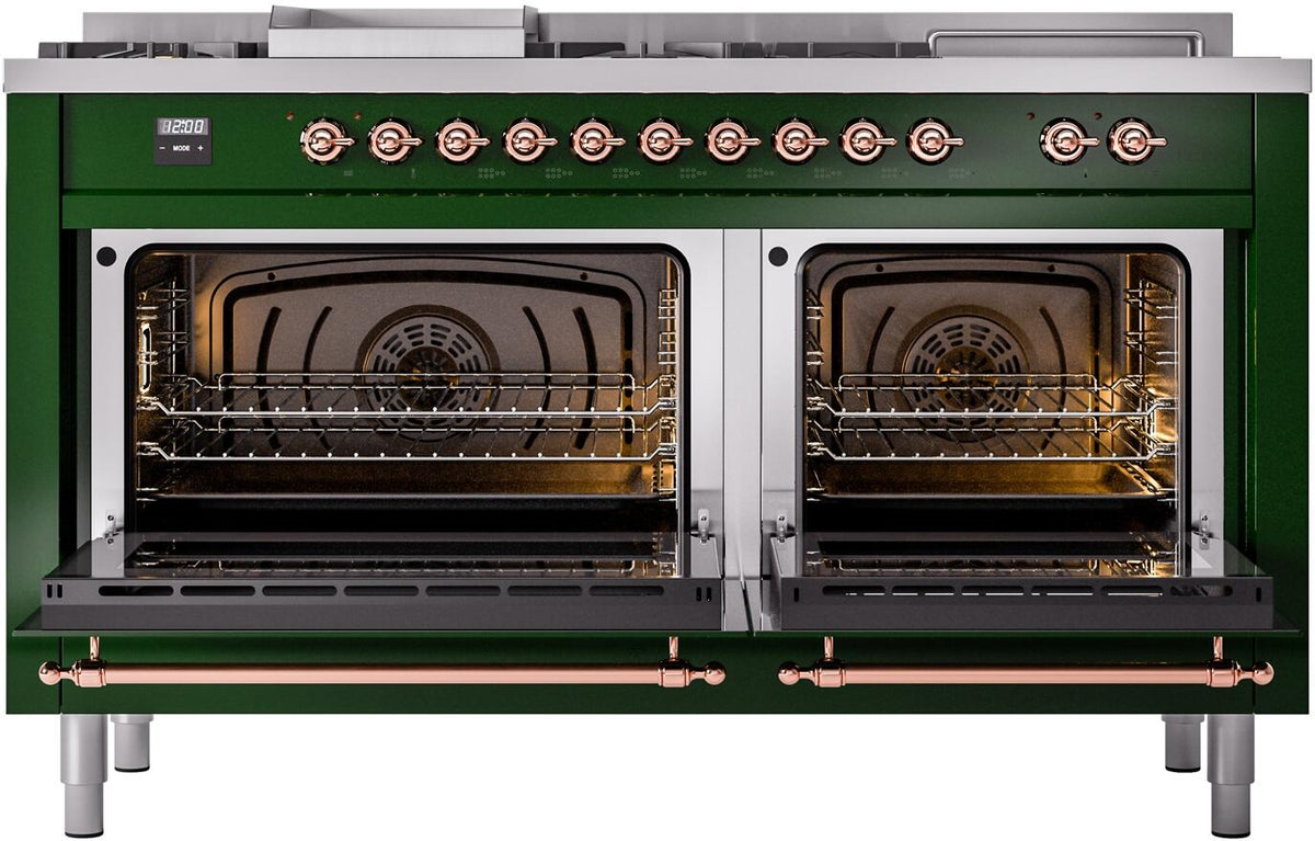 Emerald green range with two open oven doors, racks inside, copper-trimmed burner knobs
