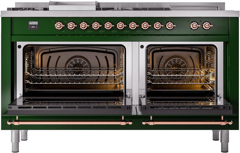 ILVE Nostalgie II 60-Inch Dual Fuel Freestanding Range in Emerald Green with Copper Trim (UP60FSNMPEGP)