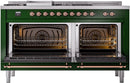 ILVE Nostalgie II 60-Inch Natural Gas Dual Fuel Range with 7 Burners, Griddle, & French Top with Triple Glass Door Oven in Emerald Green with Copper Trim (UP60FSNMPEGP)