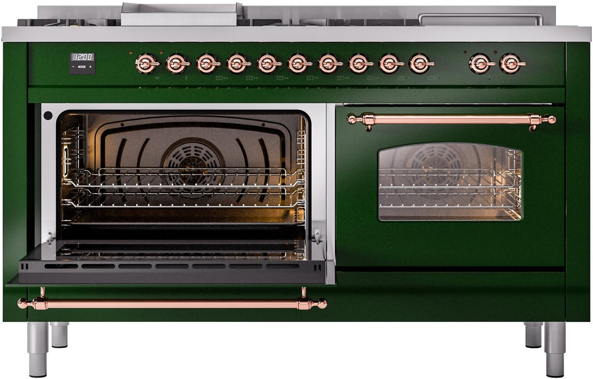 Emerald green dual oven range with left oven open and right warming/griddle window