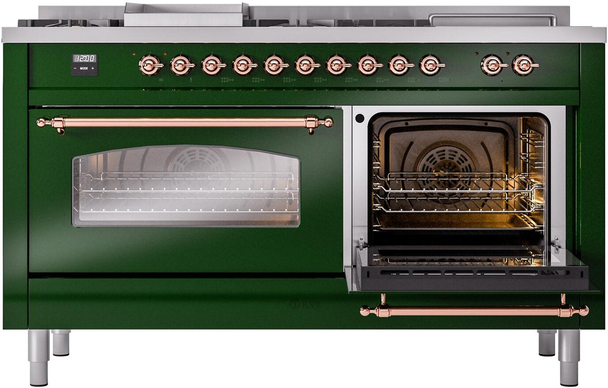 Emerald green range with open triple-glass oven door and interior racks; copper handle trims