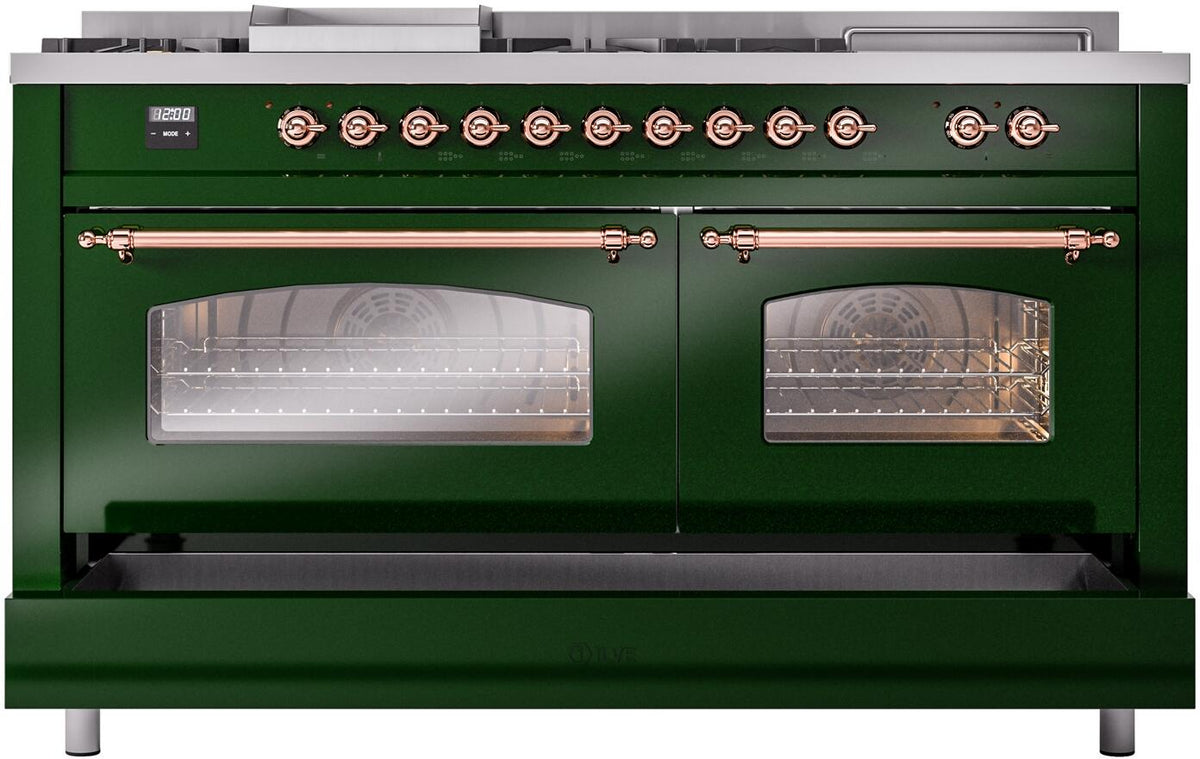 Emerald green range with copper-trimmed control knobs and two front glass openings