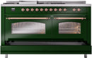 ILVE Nostalgie II 60-Inch Propane Gas Dual Fuel Range with 7 Burners, Griddle, & French Top with Triple Glass Door Oven in Emerald Green with Copper Trim (UP60FSNMPEGPLP)