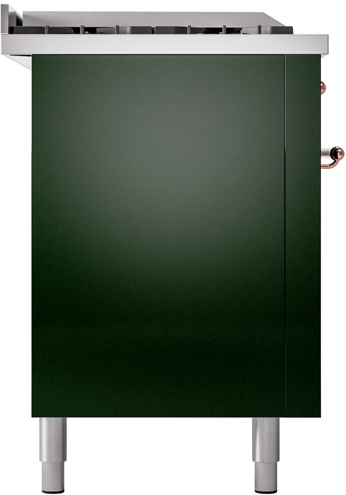 Emerald green range side panel with metal legs and copper knob detail