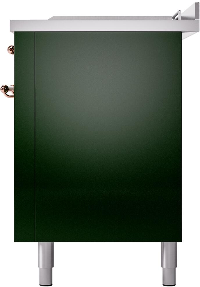 Emerald green range front corner with copper knob and stainless top