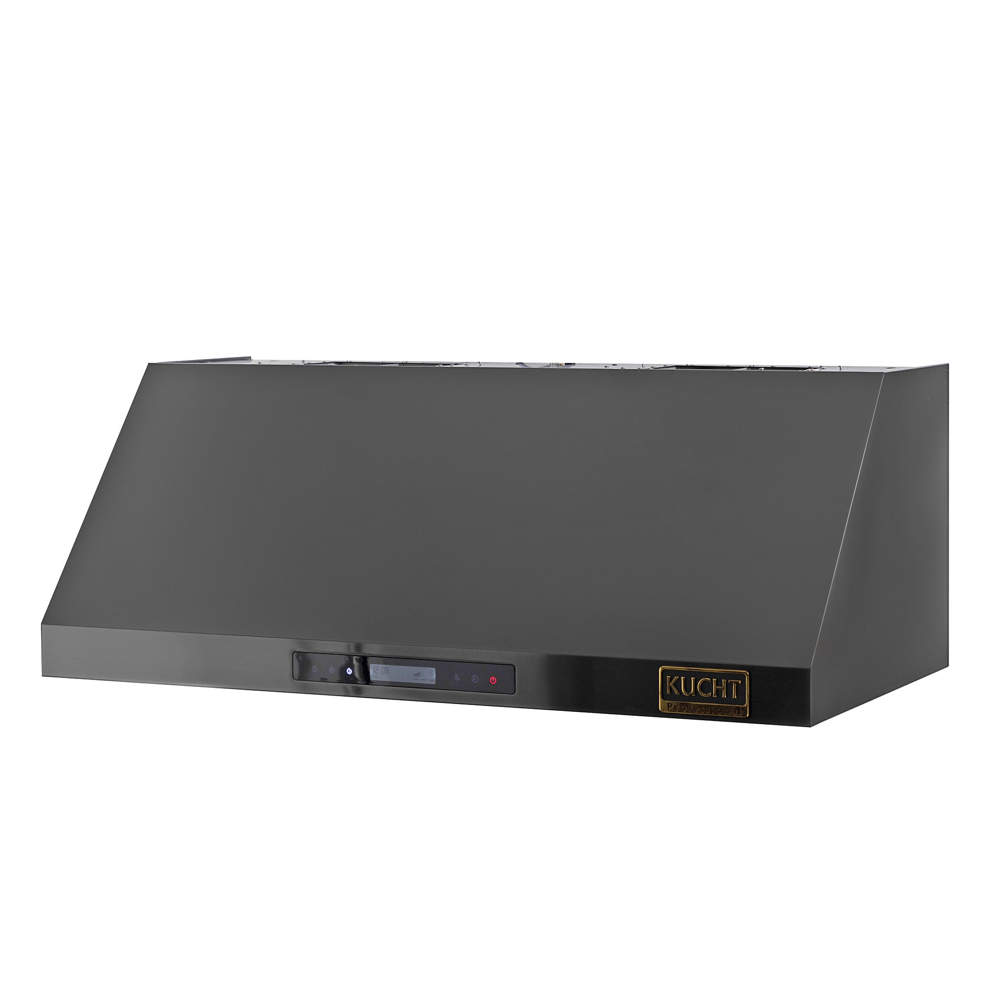 Under-cabinet range hood with dark titanium slanted baffle and control lights on panel